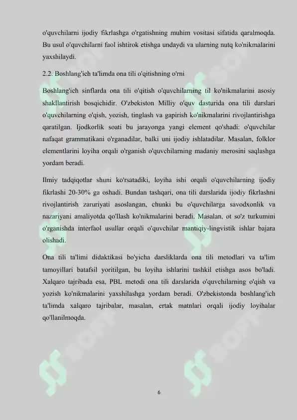 BOSHLANG'ICH SINF ONA TILI DARSLARIDA IJODKORLIK SOATI - LOYIHA ISHI DARSLARINI TASHKIL ETISH 6