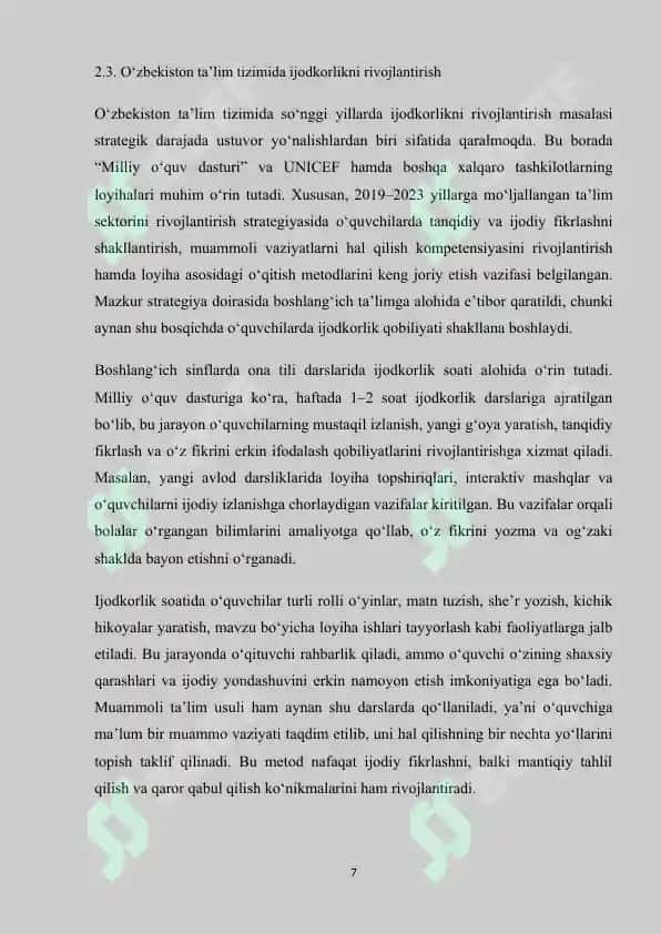 BOSHLANG'ICH SINF ONA TILI DARSLARIDA IJODKORLIK SOATI - LOYIHA ISHI DARSLARINI TASHKIL ETISH 7