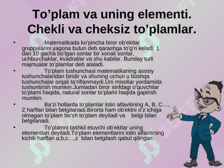 To’plamlarning Dekart  ko’paytmasi. Binar va unar  munosabatlar. Binar  munosabat turlari tartib  munosabatlar.  Chiziqli tartib munosabat  va ekvivalentlik  munosabatlari. 3