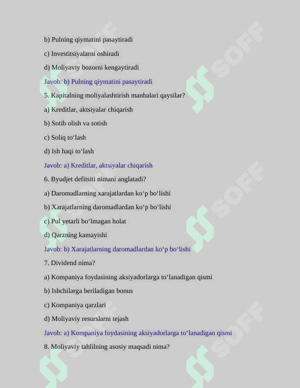 Moliya fanidan 50 ta test savoli va uning javobi bilan 2