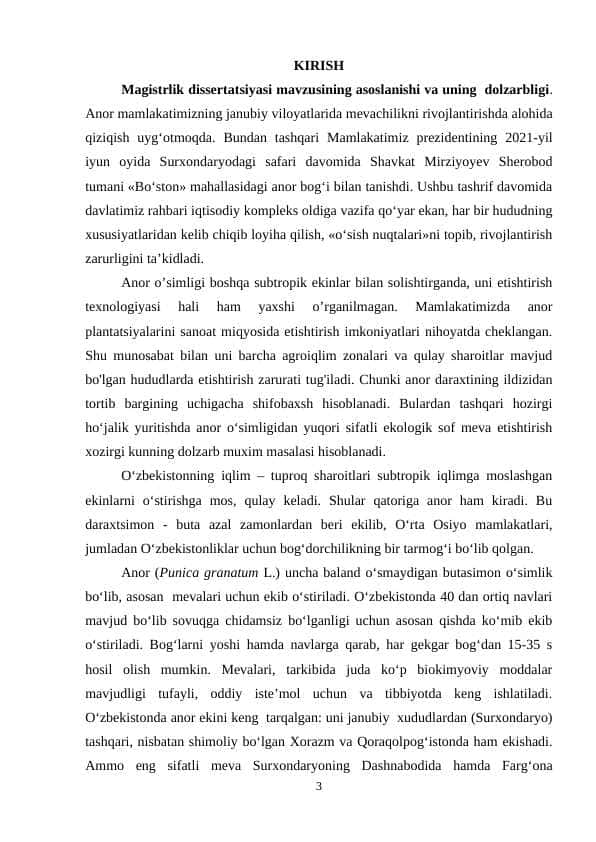 ANOR O’SIMLIGINING BIOLOGIYASI, SHIFOBAXSH XUSUSIYATLARI VA YETISHTIRISH ASOSLARI