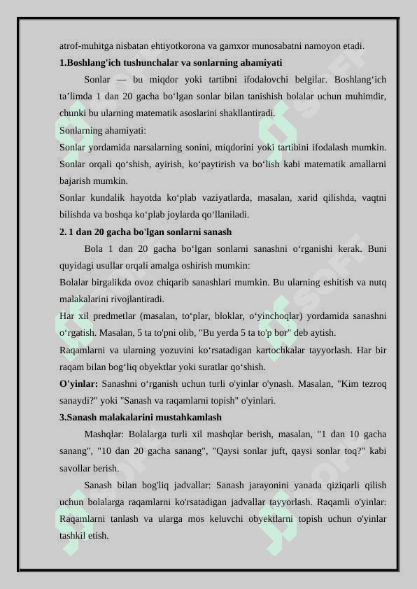 20 gacha bo'lgan predmetlami sanash malakalarini mustahkamlash 2
