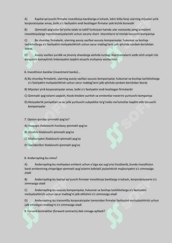 MOLIYA test savollari javoblari bilan 2