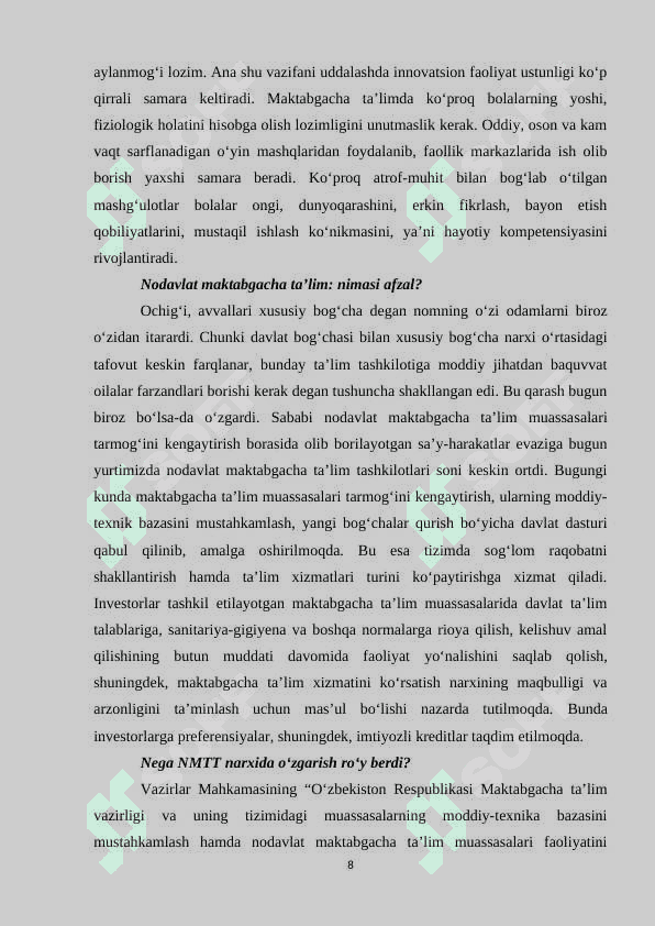 Maktabgacha taʼlim tashkilotlarida guruh xonalarning jihozlanishiga qoʻyiladigan talablar 8