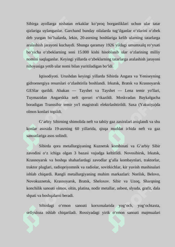 Yevroosiyo materigidagi sibir o’lkasi Kurs ishi 7