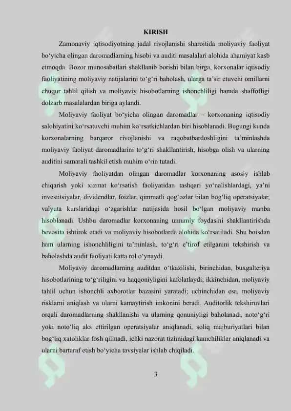 Moliyaviy faoliyat bo'yicha olingan daromadlar auditi va ularning tahlil 2