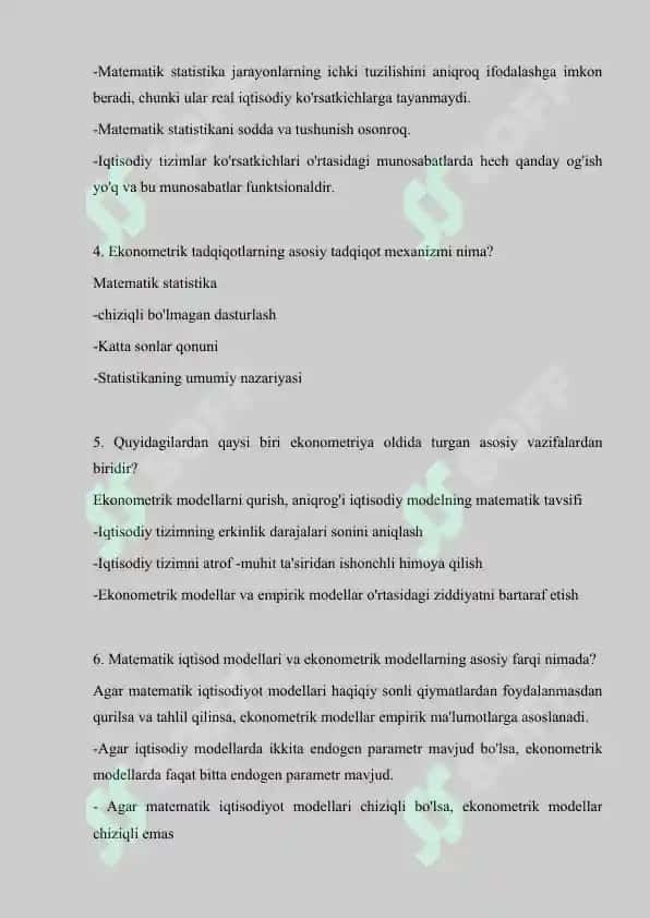 Ekonometrika fanidan yakuniy nazorat testlar 2