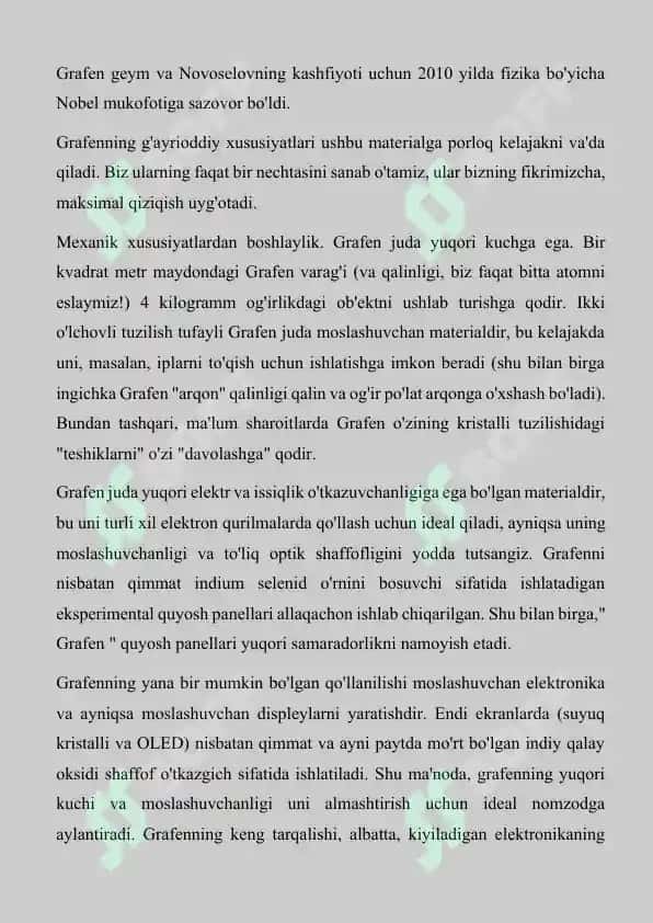 Grafenning o’ziga xos xususiyatlari Grafenning mashinasozlikda va avtomobilsozlikda qo’lNANO 8
