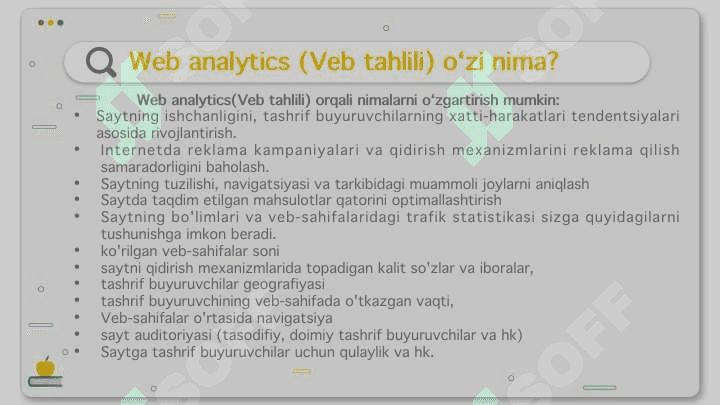 Web Analytics (Veb tahlili): Google Analytics yoki boshqa tahlil vositalari bilan ishlash. 4