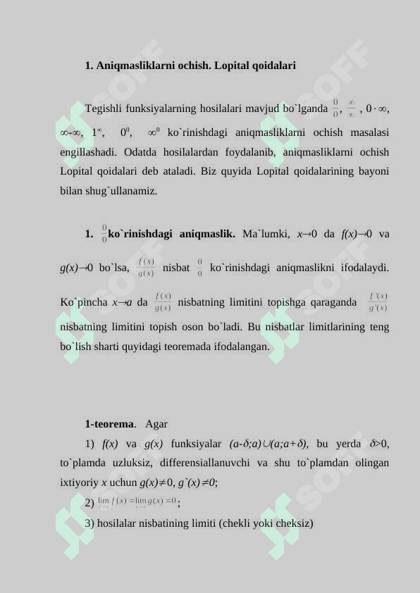 Differensiallanuvchi funksiyalarning asosiy xossalari. Teylor formulasi. Elementar funksiyalarni Teylor formulasi bo'yicha yoyish. Lopital qoidasi 2