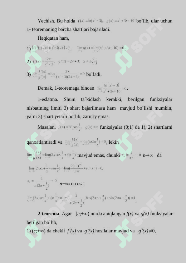 Differensiallanuvchi funksiyalarning asosiy xossalari. Teylor formulasi. Elementar funksiyalarni Teylor formulasi bo'yicha yoyish. Lopital qoidasi 4