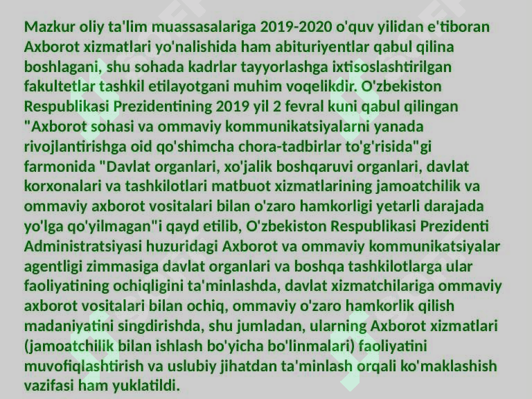 Oʻzbekiston Respublikasida ommaviy axborot vositalarining faoliyati (o'zgarish va muammolar) 7