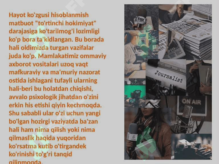 Oʻzbekiston Respublikasida ommaviy axborot vositalarining faoliyati (o'zgarish va muammolar) 8