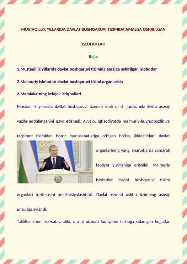 Mustaqillik yillarida davlat boshqaruvi tizimida amalga oshirilgan islohotlar