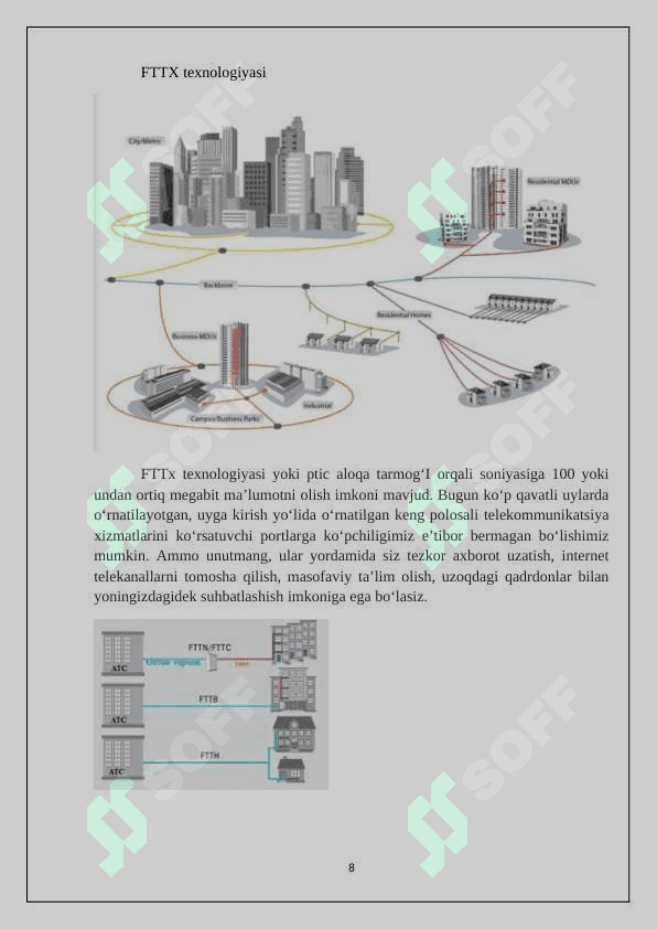 O‘zbekiston Respublikasida optik aloqa tizimlari va tarmoqlarining holati va rivojlanish istiqbollari. Optik aloqa tizimlari va tarmoqlari, ularda qo’llaniladigan texnologiyalar. To’lqin uzunligi bo’yicha zichlashtirish, WDM texnologiyasi – optik tolaning o’tkazish qobilyatini oshirishning samarali usullari 8