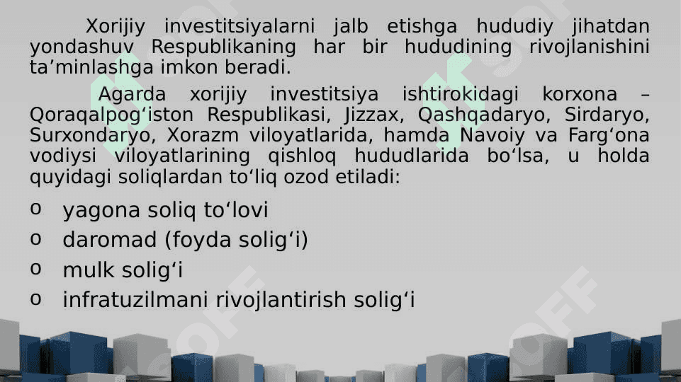 Xorijiy investorlar uchun O'zbekiston iqtisodiyotini jalb qiluvchanligini oshirishning asosiy yo'nalishlari 8