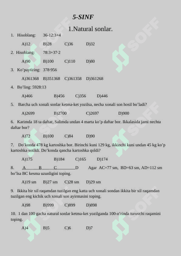 5-6-sinf Mavzulashtirilgan test. Matematika. 2
