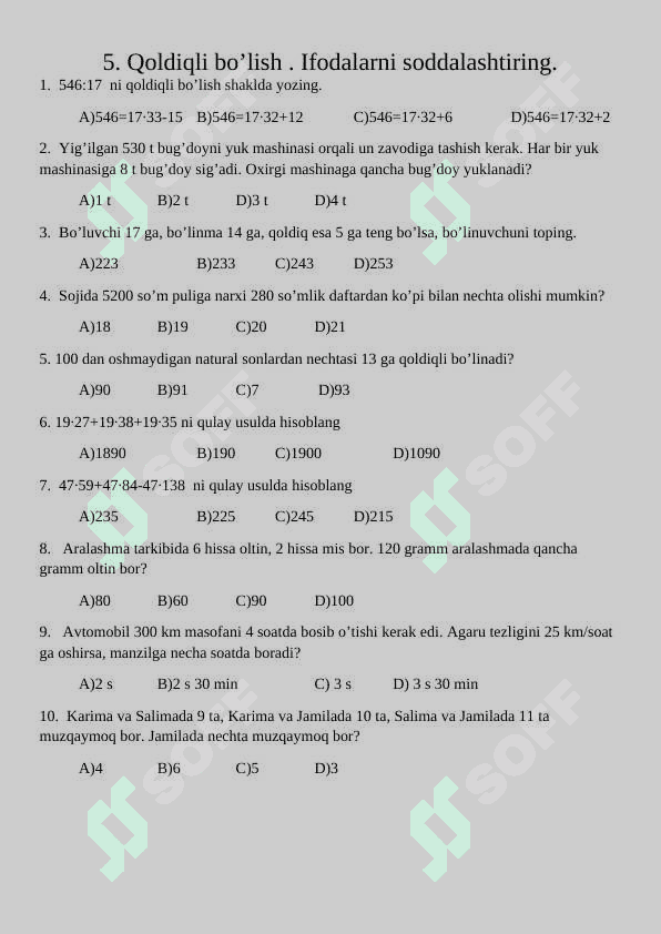 5-6-sinf Mavzulashtirilgan test. Matematika. 6