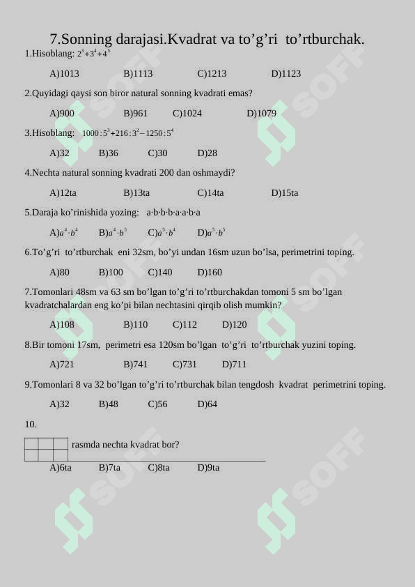 5-6-sinf Mavzulashtirilgan test. Matematika. 8