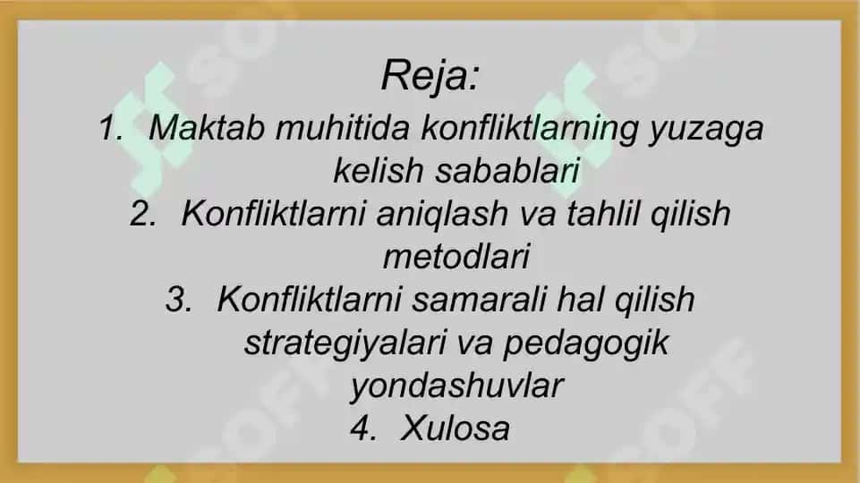 Oʻqituvchi oʻquvchilar oʻrtasida paydo boʻlgan konfliktlarni samarali hal qilish. 2