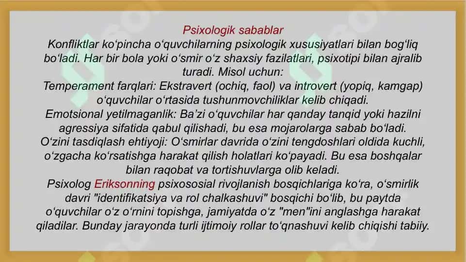 Oʻqituvchi oʻquvchilar oʻrtasida paydo boʻlgan konfliktlarni samarali hal qilish. 4