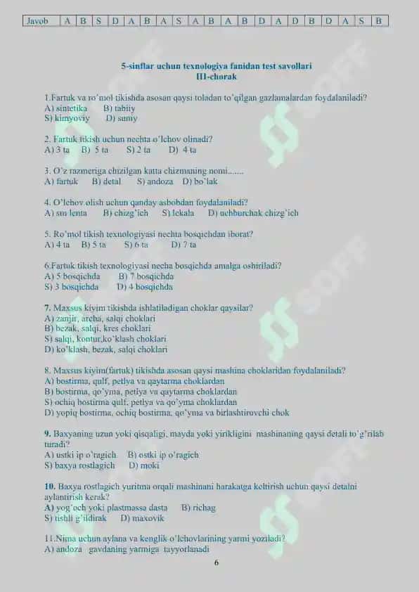 Texnologiya   fanidan sinflar kesimida testlar  (5-9-sinflar) 6