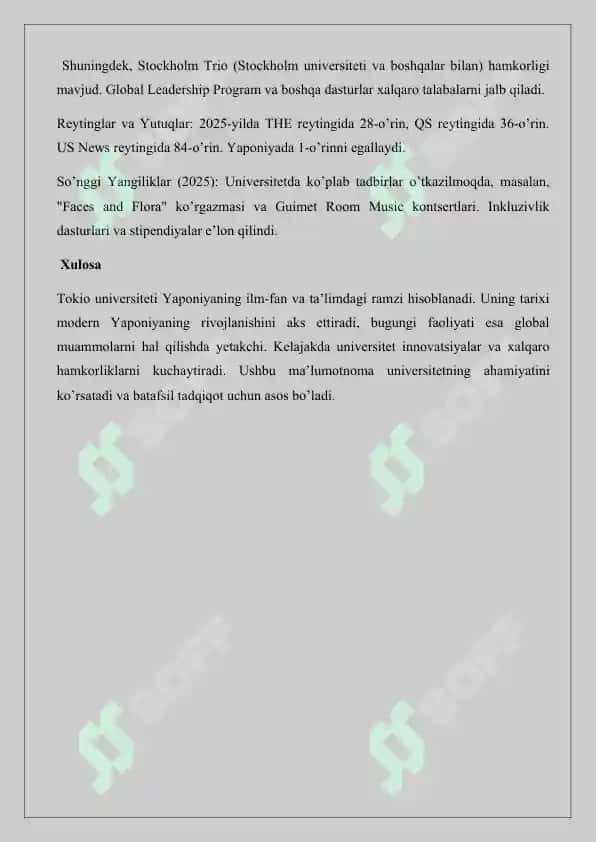 Tokio universitetining shakllanish tarixi va bugungi kundagi faoliyati ma’lumotnoma 4