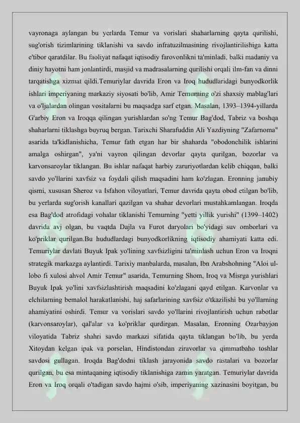 Amir Temur tomonidan Movarounnahrdan tashqarida olib borilgan bunyodkorlik faoliyati. 3