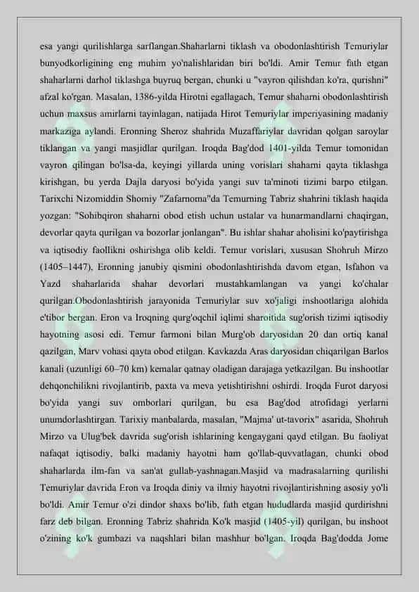 Amir Temur tomonidan Movarounnahrdan tashqarida olib borilgan bunyodkorlik faoliyati. 4