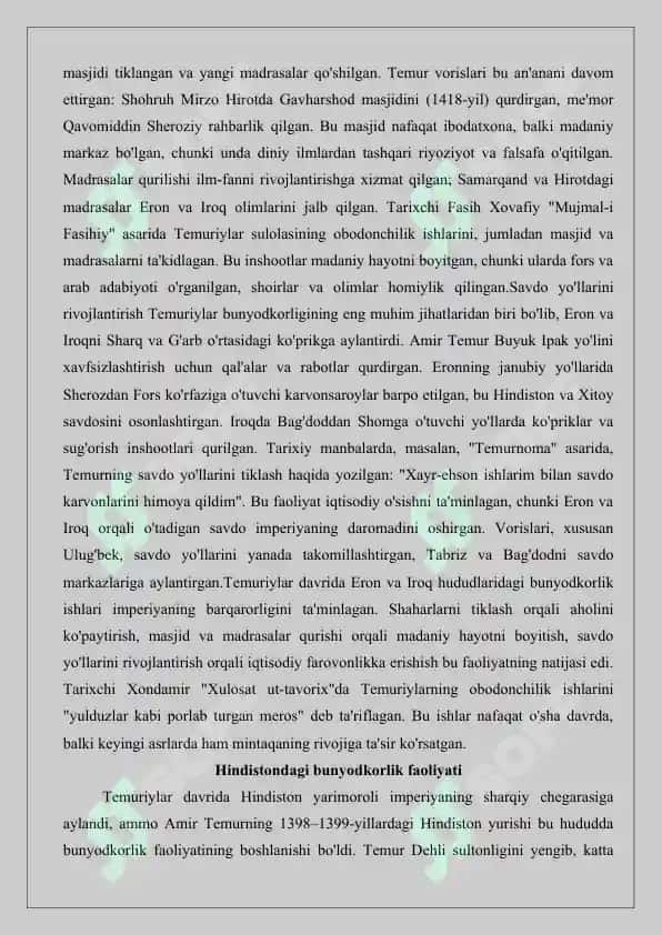 Amir Temur tomonidan Movarounnahrdan tashqarida olib borilgan bunyodkorlik faoliyati. 5