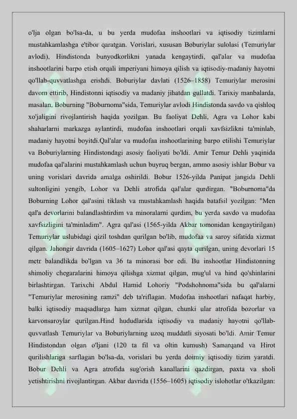 Amir Temur tomonidan Movarounnahrdan tashqarida olib borilgan bunyodkorlik faoliyati. 6