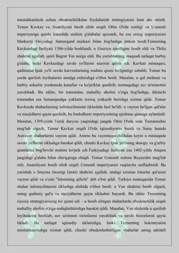Amir Temur tomonidan Movarounnahrdan tashqarida olib borilgan bunyodkorlik faoliyati. 8