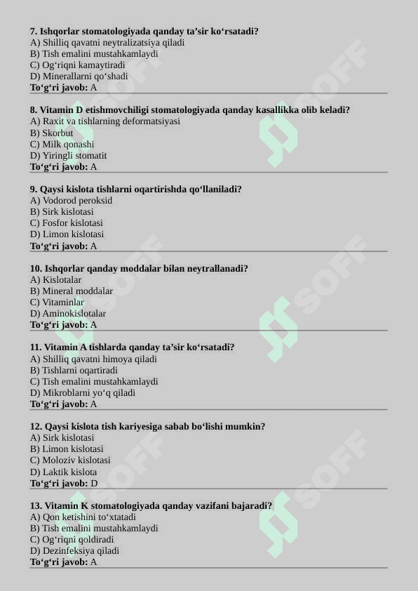 "VITAMINLAR, KISLOTA VA ISHQORLAR: STOMATOLOGIYADA QO‘LLANISHI" MAVZUSIDA TEST: 2