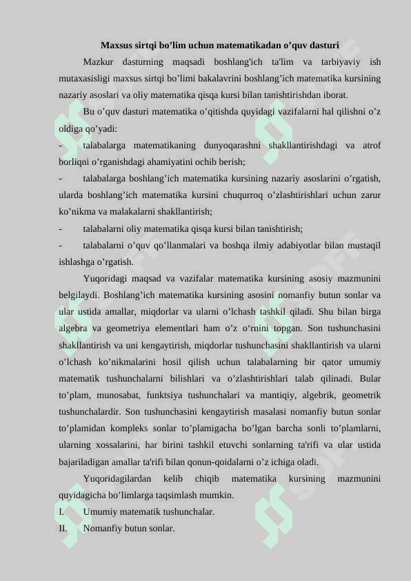 Maxsus sirtqi bo’lim uchun matematikadan o’quv dasturi 2