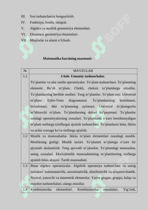 Maxsus sirtqi bo’lim uchun matematikadan o’quv dasturi 3