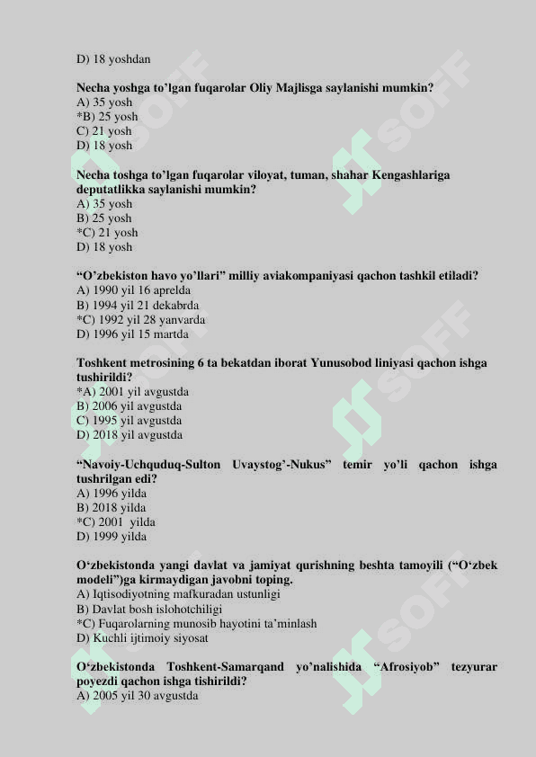 Òzbekiston eng yangi tarixi test savollari va javoblari bilan 200 talik 8