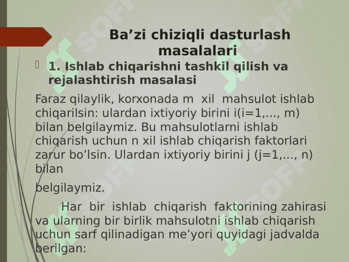 Chiziqli dasturlash masalalarining matematik modellari, iqtisodiy tahlili. Maqsad funksiyasi. Egizak masala. 6