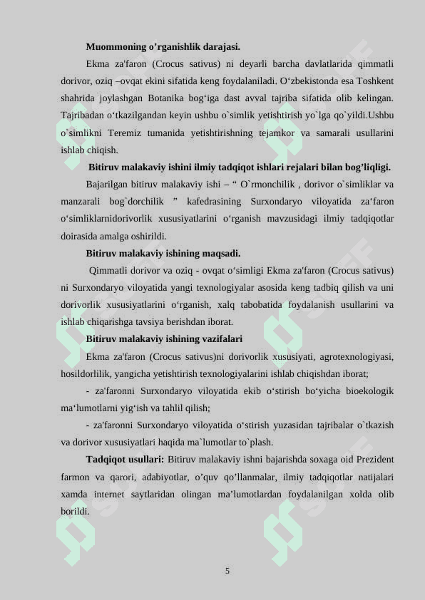 EKMA ZA’FARON (CROCUS SATIVUS) NING BIOEKALOGIYASI VA DORIVORLIK XUSUSIYATLARINI O’RGANISH 5