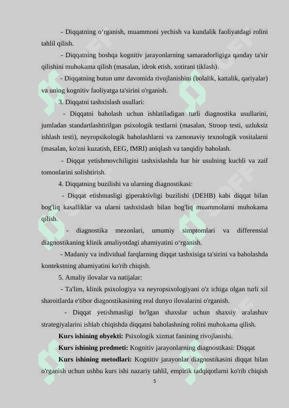 Bilish jarayonlari diagnostikasi.Diqqat. 5