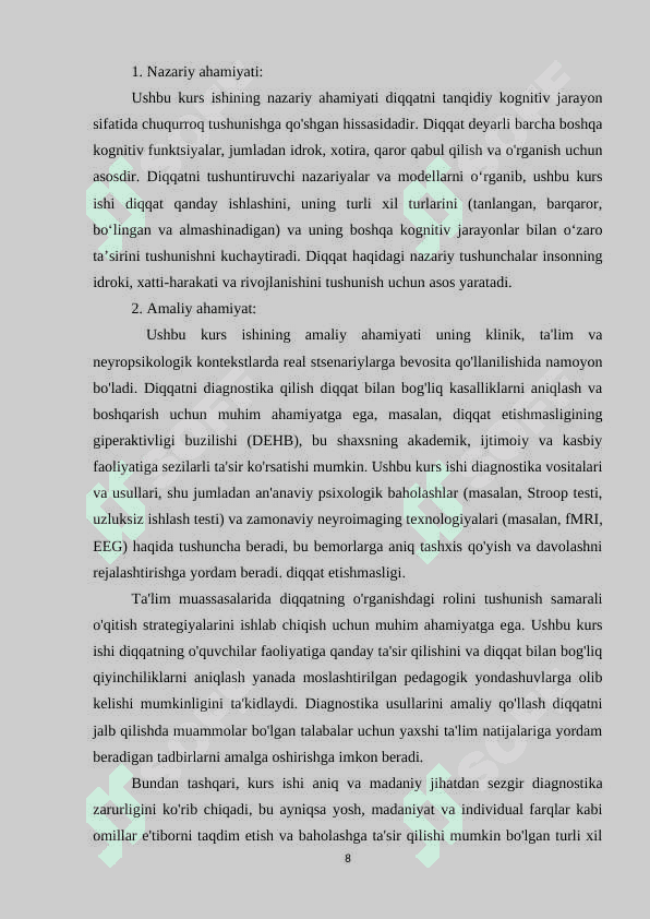 Bilish jarayonlari diagnostikasi.Diqqat. 8