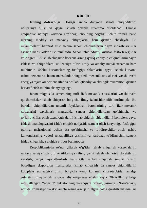 “MAHALLIY XOMASHYOLAR ASOSIDA SULFOALYUMINOSILIKATLI SEMENT TEXNOLOGIYASINI ISHLAB CHIQISH” 3