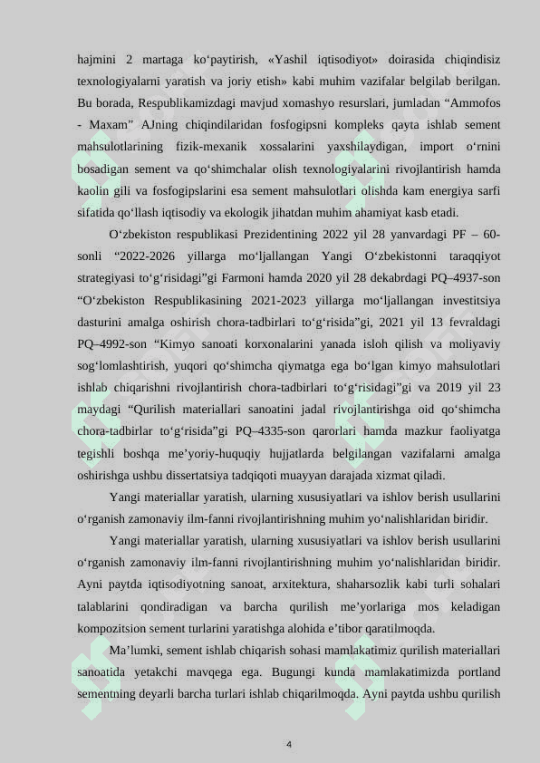 “MAHALLIY XOMASHYOLAR ASOSIDA SULFOALYUMINOSILIKATLI SEMENT TEXNOLOGIYASINI ISHLAB CHIQISH” 4