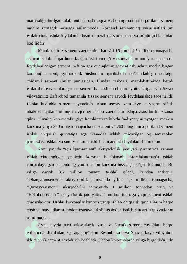 “MAHALLIY XOMASHYOLAR ASOSIDA SULFOALYUMINOSILIKATLI SEMENT TEXNOLOGIYASINI ISHLAB CHIQISH” 5