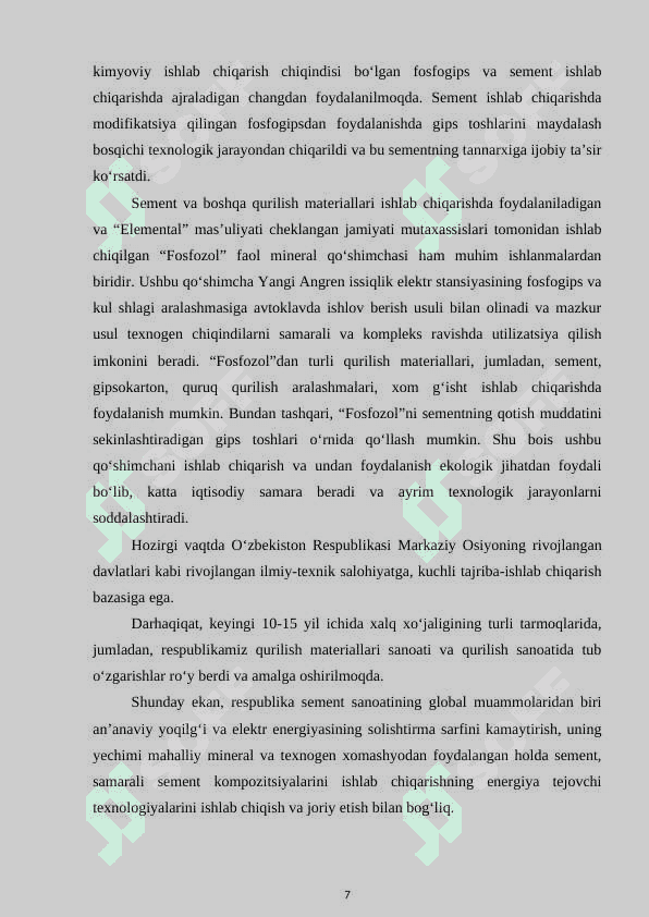 “MAHALLIY XOMASHYOLAR ASOSIDA SULFOALYUMINOSILIKATLI SEMENT TEXNOLOGIYASINI ISHLAB CHIQISH” 7