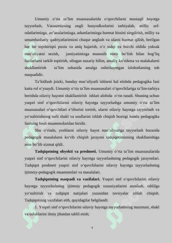YUQORI SINF O‘QUVCHILARINI  OILAVIY HAYOTGA TAYYORLASHNING IJTIMOIY PEDAGOGIK ASOSLARI 4