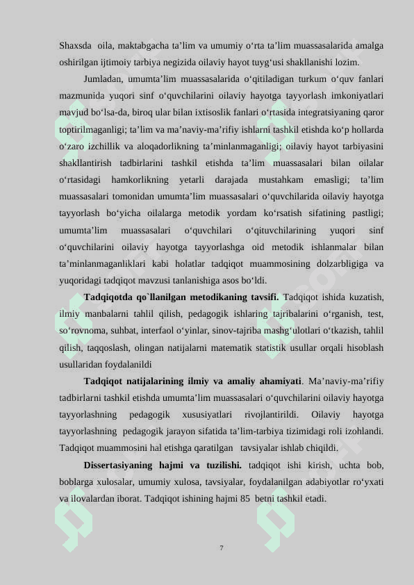 YUQORI SINF O‘QUVCHILARINI  OILAVIY HAYOTGA TAYYORLASHNING IJTIMOIY PEDAGOGIK ASOSLARI 7