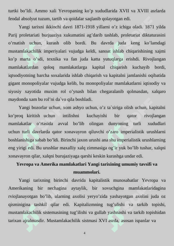Yangi tarix. XVI-XIX asrlardagi dunyo mamlakatlarining ijtimoiy-iqtisodiy ahvoli va xalqaro munosabatlar. 4