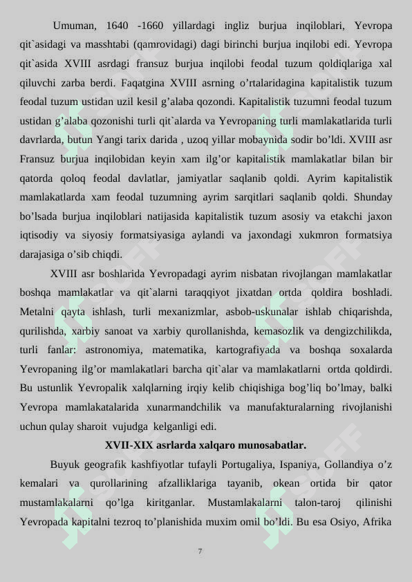 Yangi tarix. XVI-XIX asrlardagi dunyo mamlakatlarining ijtimoiy-iqtisodiy ahvoli va xalqaro munosabatlar. 7
