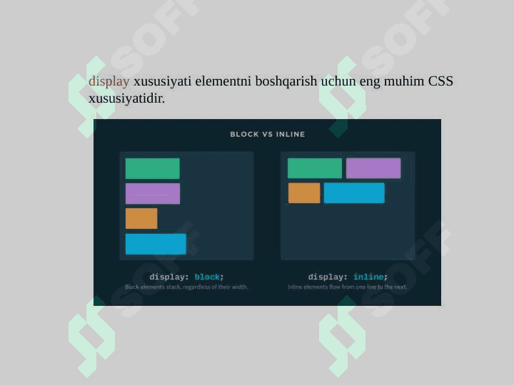 CSS display position parametrlari. Web struktura qurishda ularni ishlatilishi. transform - elementlar ustida amallar. Animasiya yaratish. 3