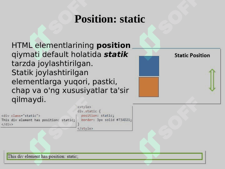 CSS display position parametrlari. Web struktura qurishda ularni ishlatilishi. transform - elementlar ustida amallar. Animasiya yaratish. 6
